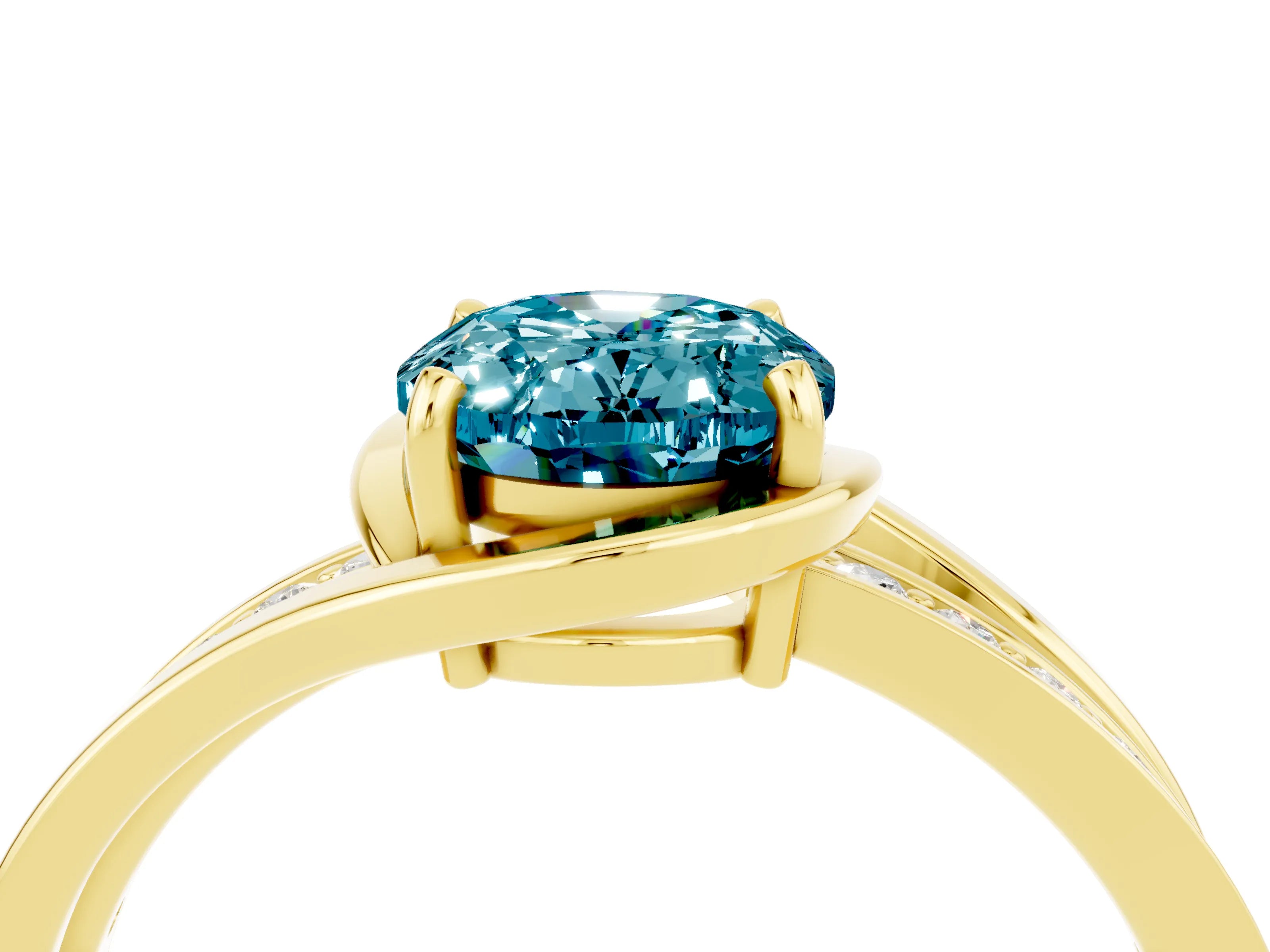 Yellow gold Oval Cut Blue Topaz Solitaire Ring with Split Shank and Prong Setting_4