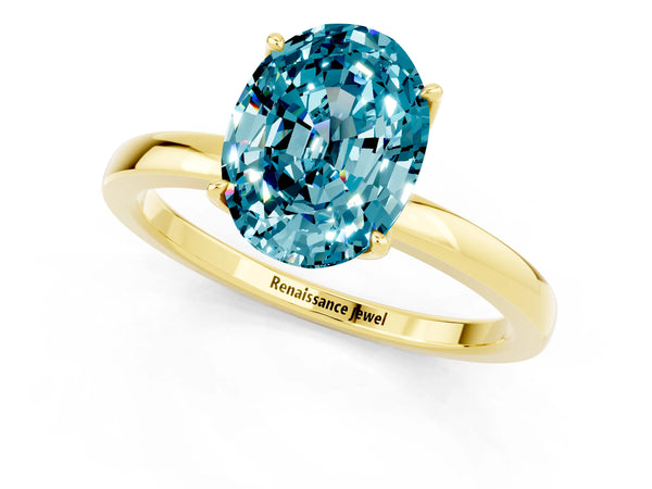 Yellow gold Oval Cut Blue Topaz Solitaire Ring with Thin Band and Prong Setting