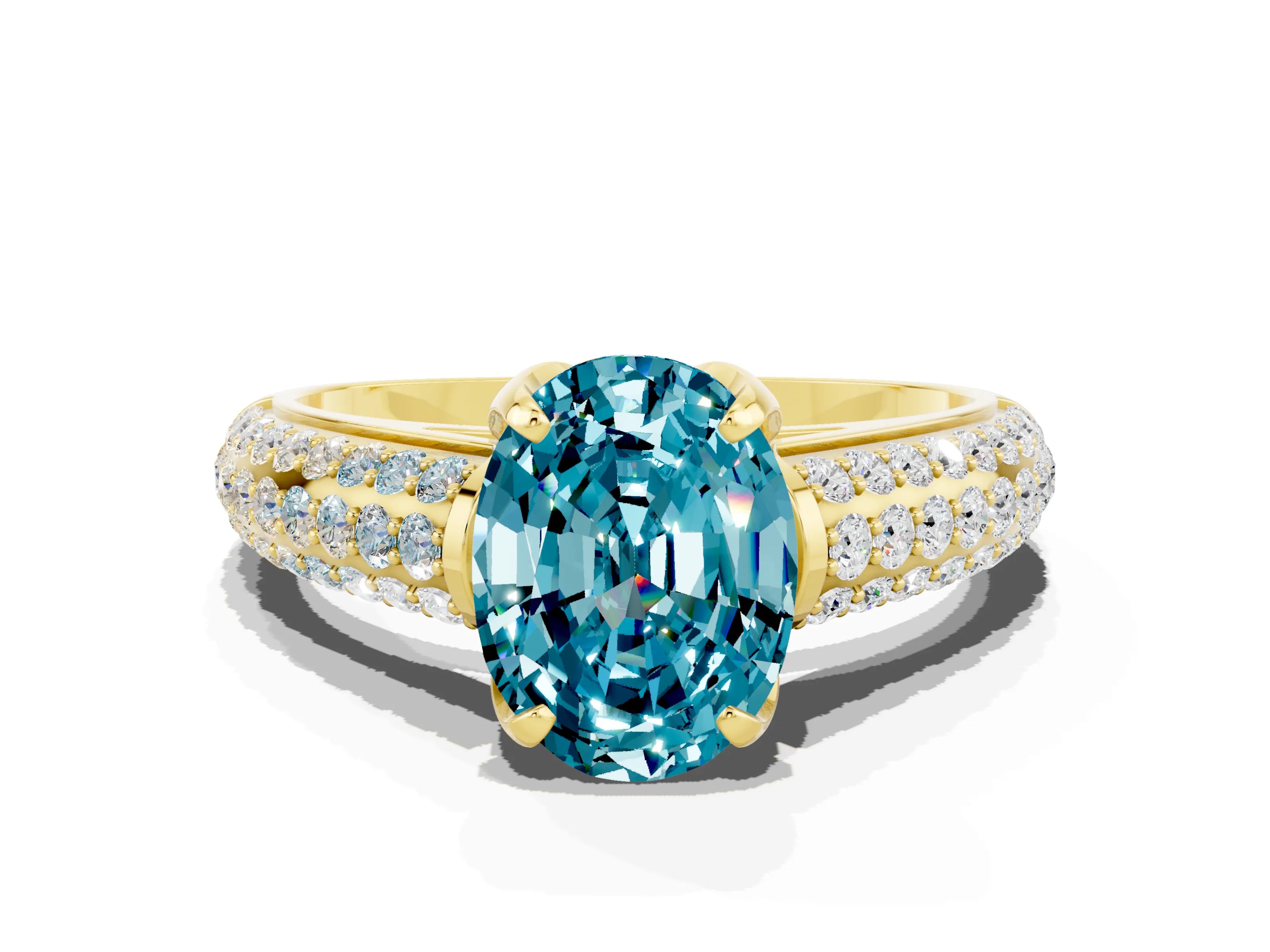 Yellow gold Oval Cut Blue Topaz Solitaire Ring with Three-Row Pavé Band and Four-Prong Setting_12