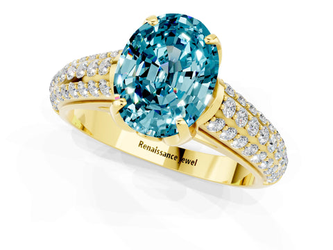 Yellow gold Oval Cut Blue Topaz Solitaire Ring with Three-Row Pavé Band and Four-Prong Setting_13