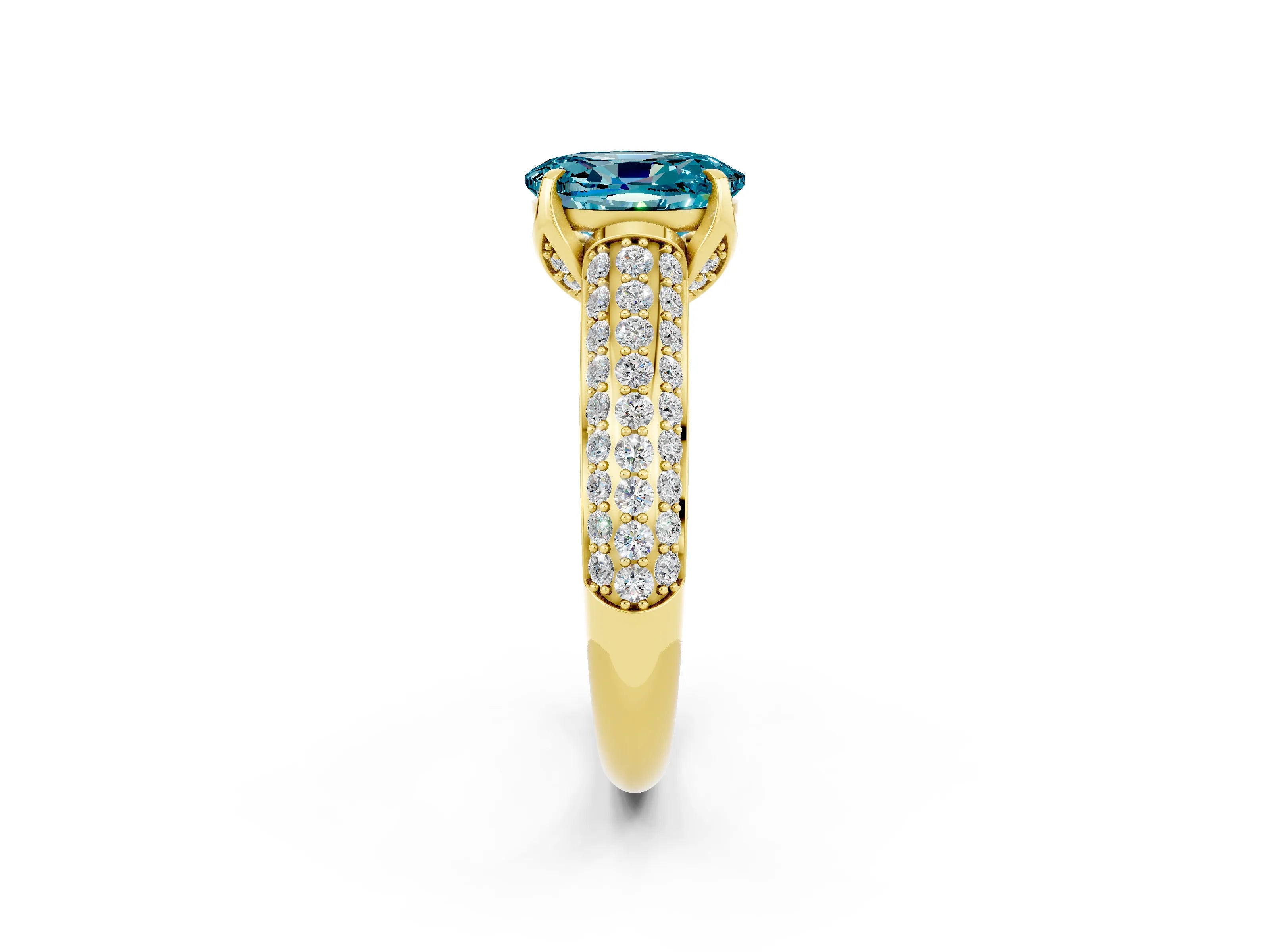 Yellow gold Oval Cut Blue Topaz Solitaire Ring with Three-Row Pavé Band and Four-Prong Setting_14