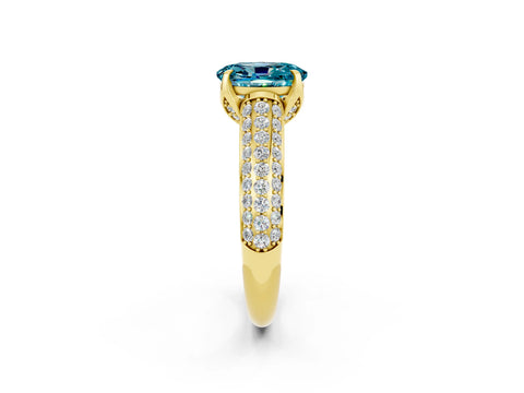 Yellow gold Oval Cut Blue Topaz Solitaire Ring with Three-Row Pavé Band and Four-Prong Setting_14