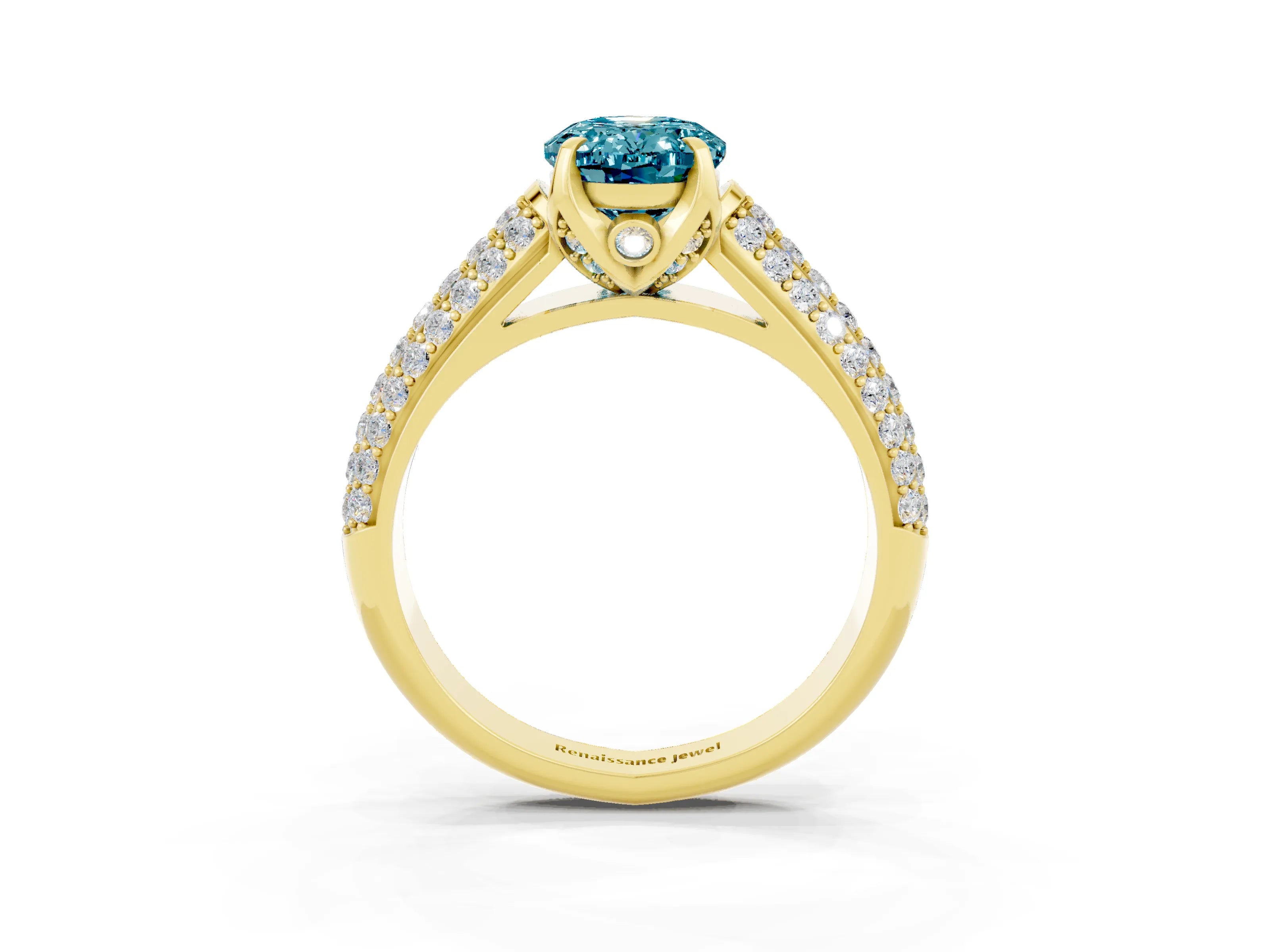 Yellow gold Oval Cut Blue Topaz Solitaire Ring with Three-Row Pavé Band and Four-Prong Setting_15