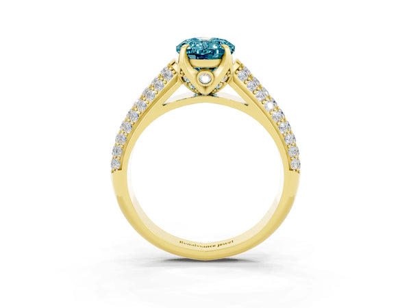 Yellow gold Oval Cut Blue Topaz Solitaire Ring with Three-Row Pavé Band and Four-Prong Setting