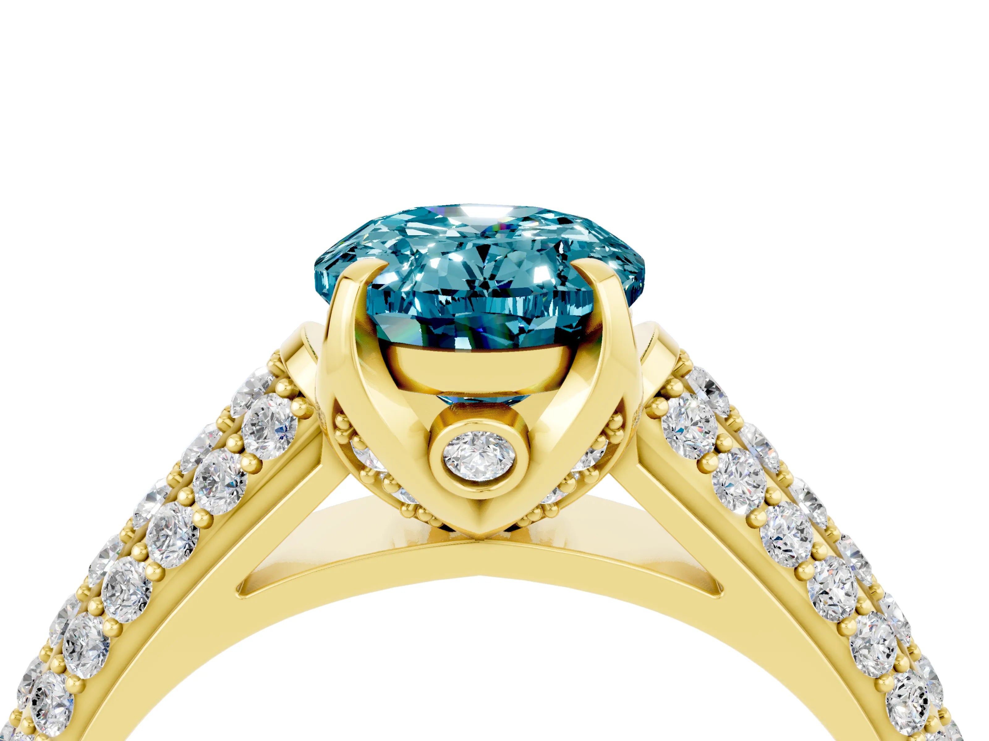 Yellow gold Oval Cut Blue Topaz Solitaire Ring with Three-Row Pavé Band and Four-Prong Setting_16