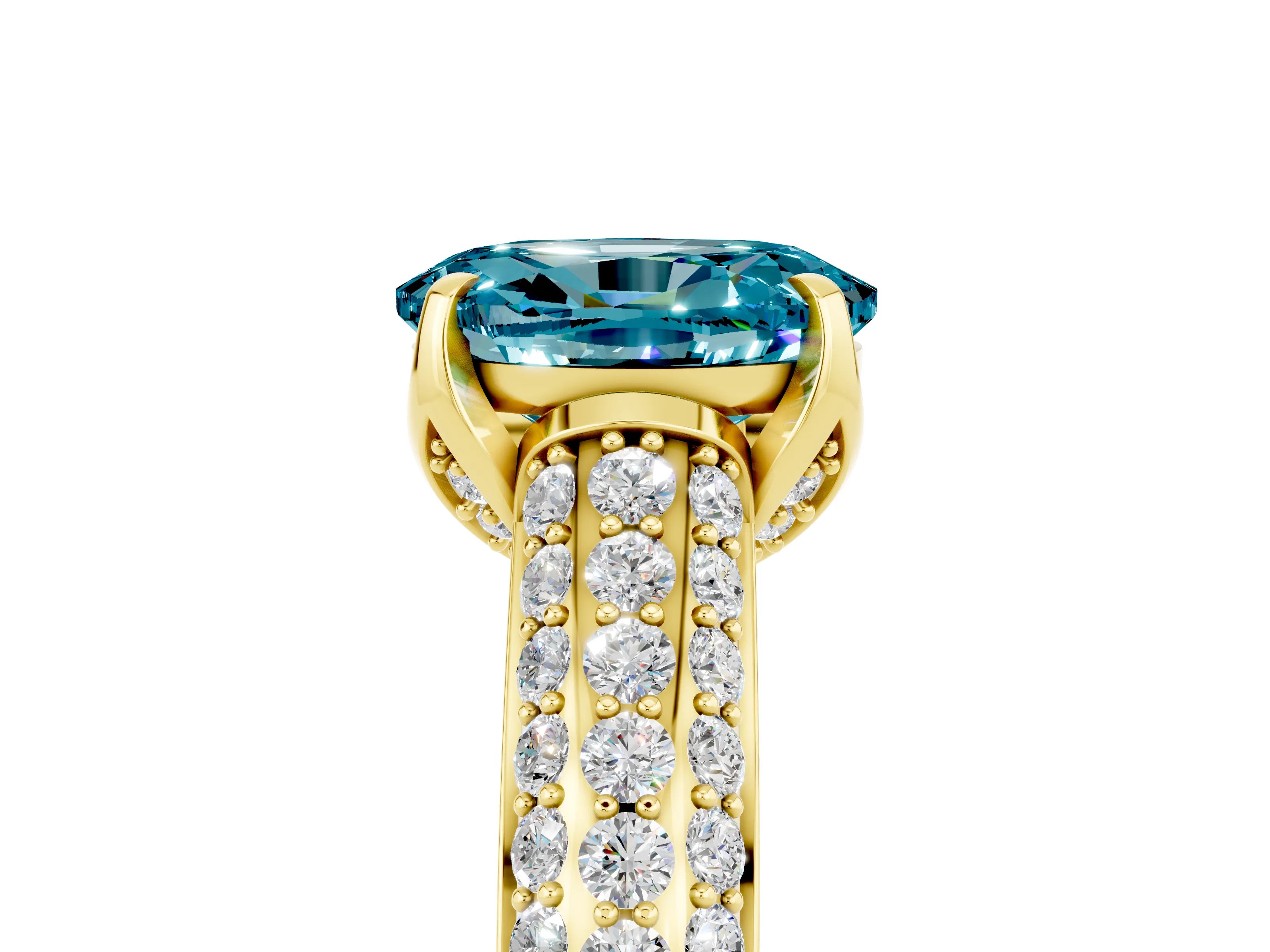 Yellow gold Oval Cut Blue Topaz Solitaire Ring with Three-Row Pavé Band and Four-Prong Setting_17
