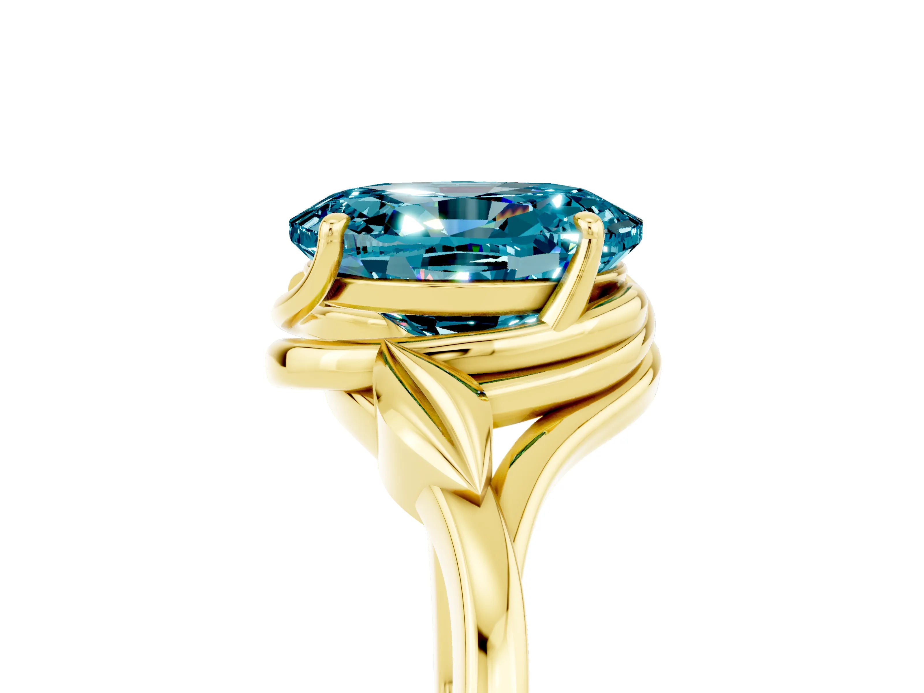 Yellow gold Oval Cut Blue Topaz Solitaire Ring with Twist Band and Four-Prong Setting_29