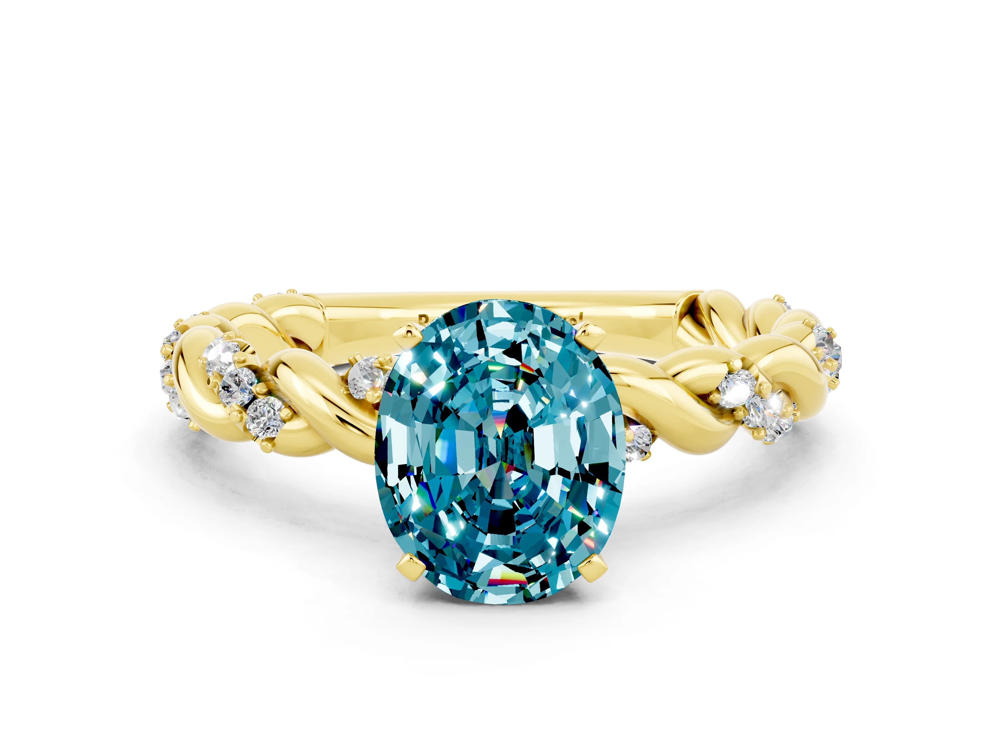 Yellow gold Oval Cut Blue Topaz Solitaire Ring with Twisted Band and Pavé Accents