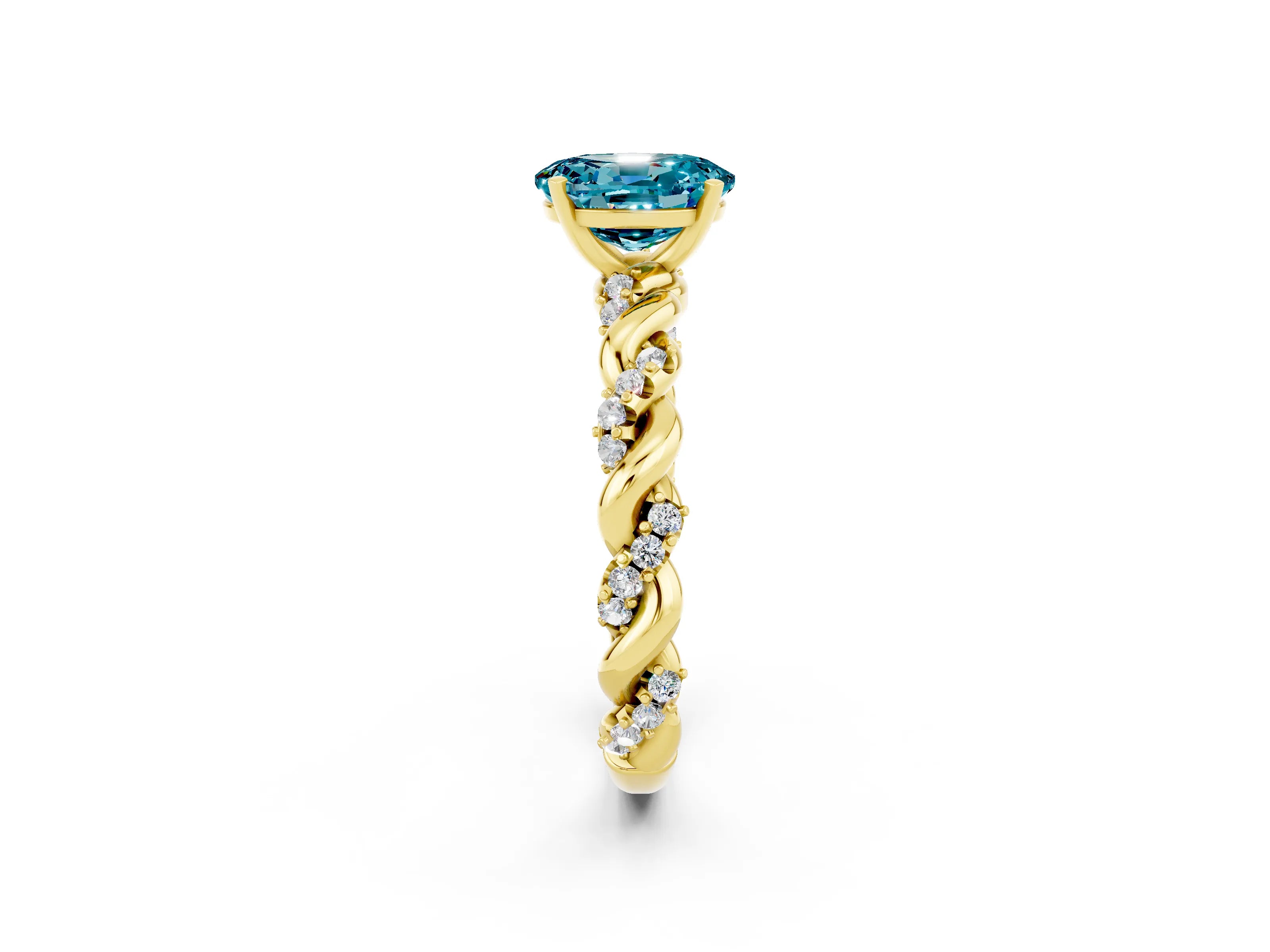 Yellow gold Oval Cut Blue Topaz Solitaire Ring with Twisted Band and Pavé Accents_2
