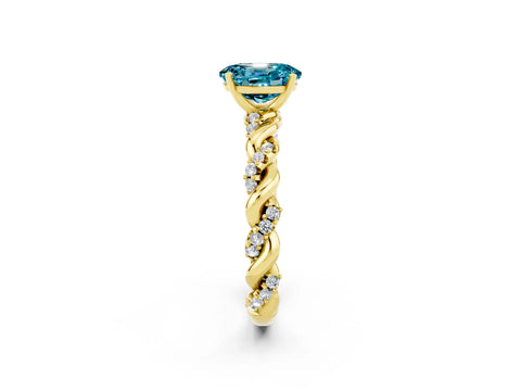 Yellow gold Oval Cut Blue Topaz Solitaire Ring with Twisted Band and Pavé Accents_2