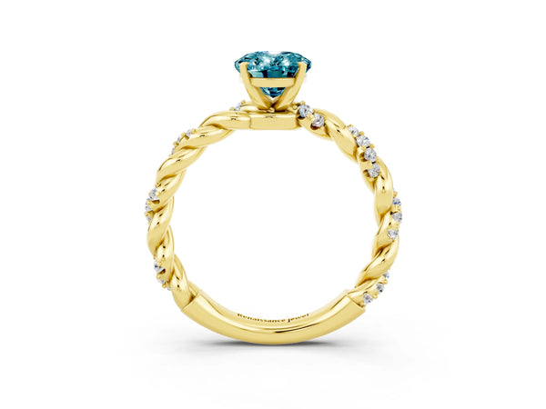 Yellow gold Oval Cut Blue Topaz Solitaire Ring with Twisted Band and Pavé Accents