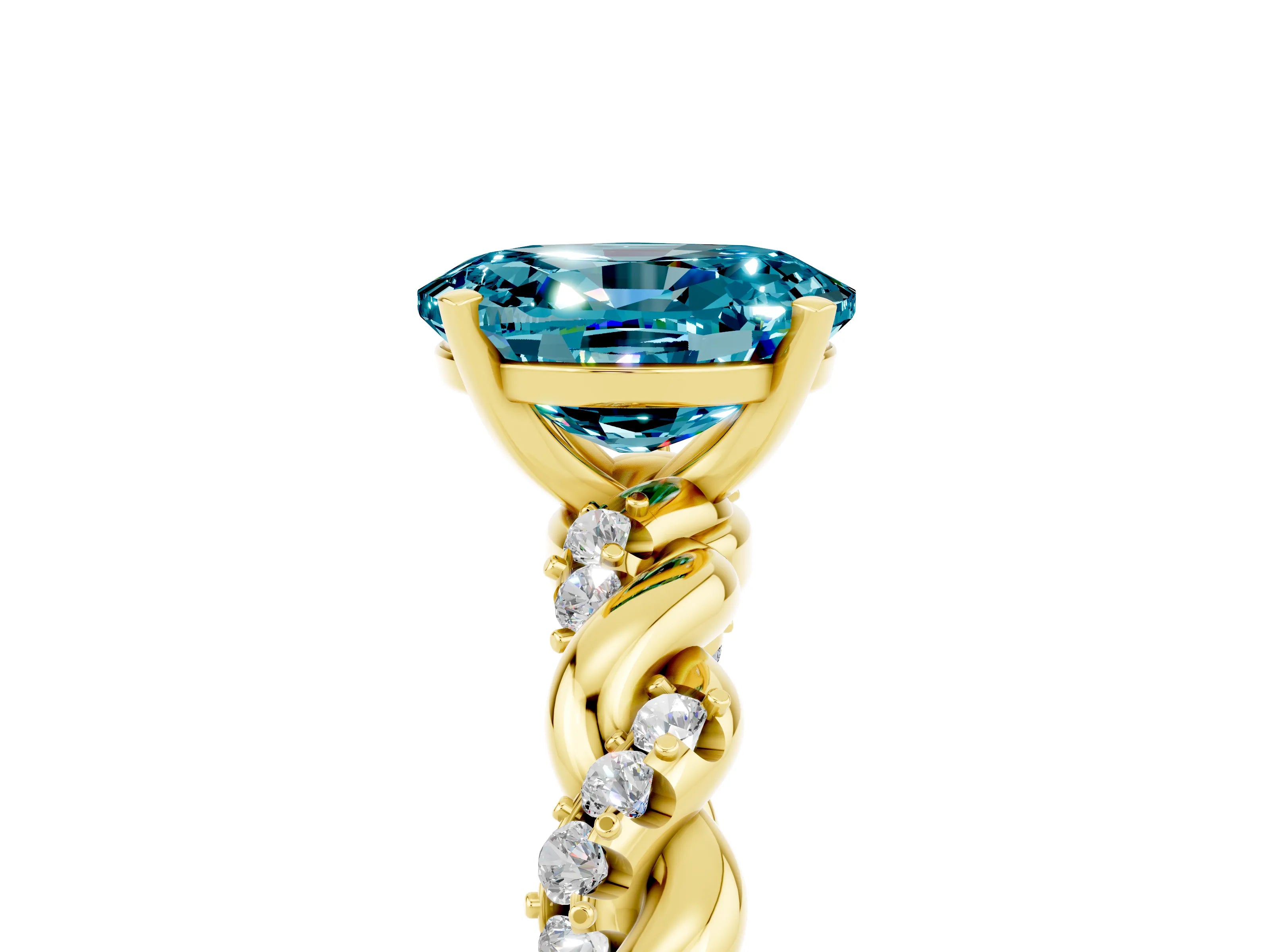 Yellow gold Oval Cut Blue Topaz Solitaire Ring with Twisted Band and Pavé Accents_5