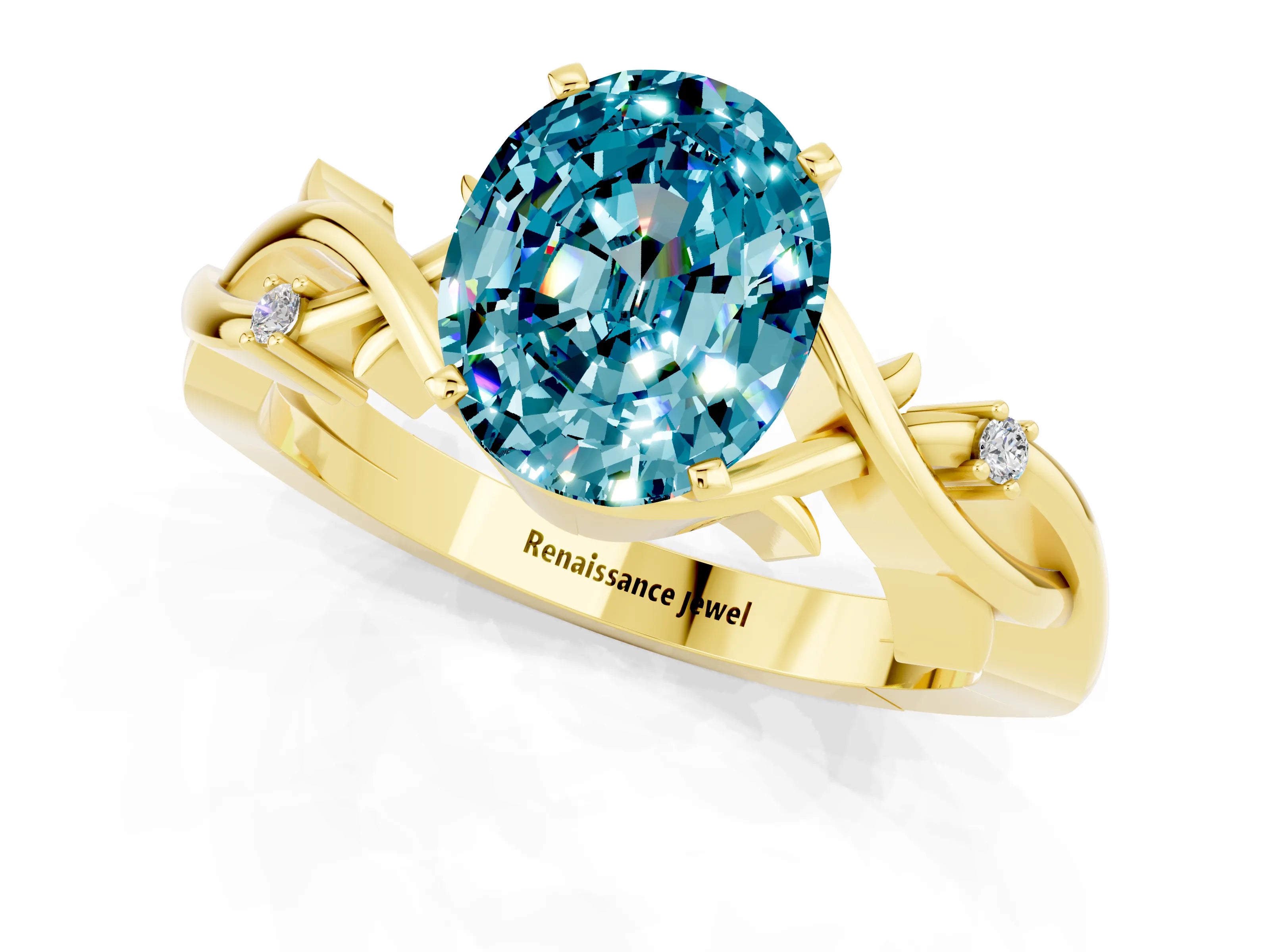 Yellow gold Oval Cut Blue Topaz Solitaire Ring with Twisted Band and Prong Setting_1