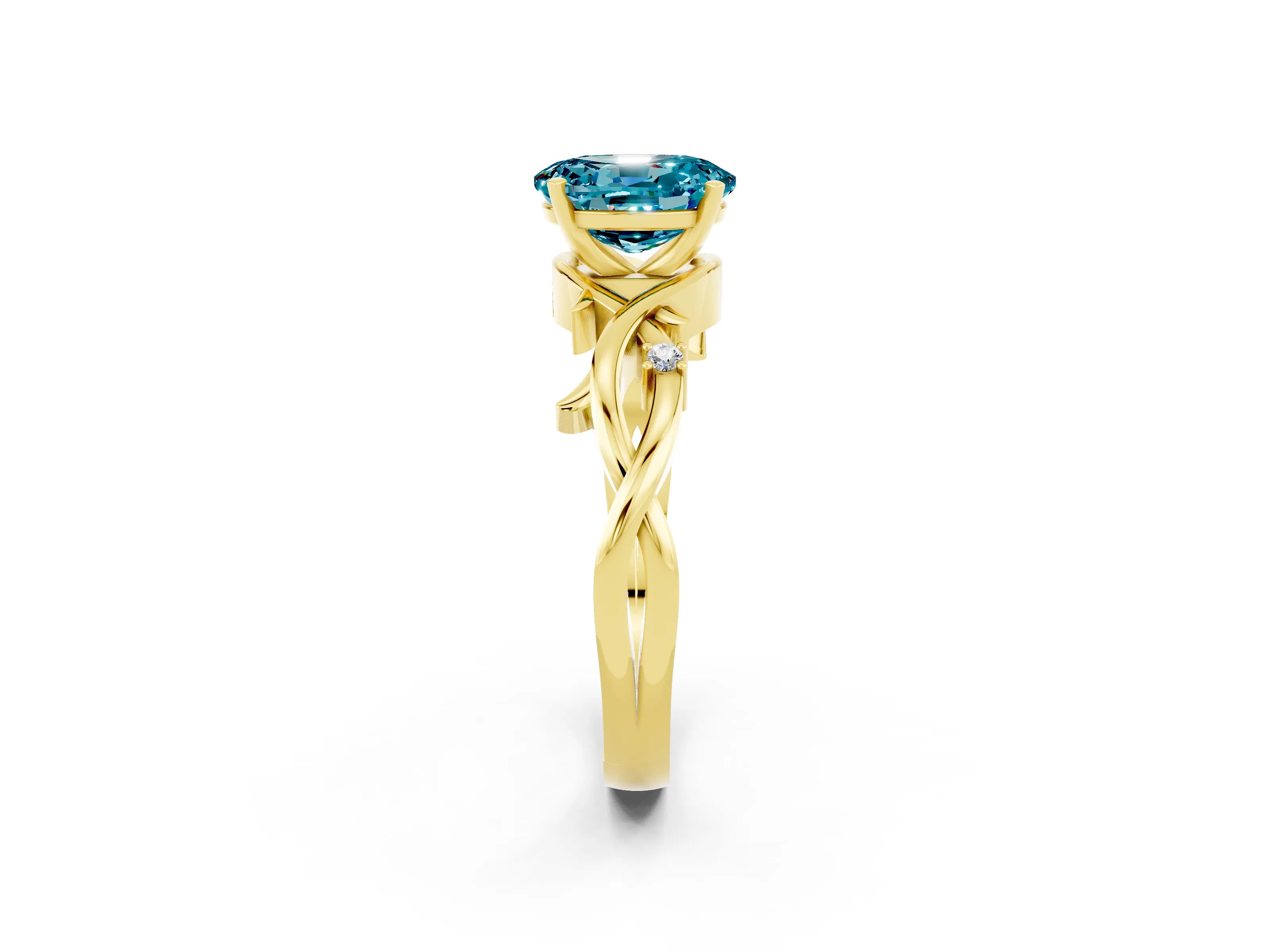 Yellow gold Oval Cut Blue Topaz Solitaire Ring with Twisted Band and Prong Setting_2