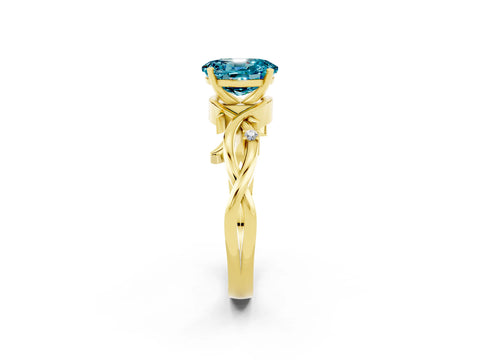 Yellow gold Oval Cut Blue Topaz Solitaire Ring with Twisted Band and Prong Setting_2