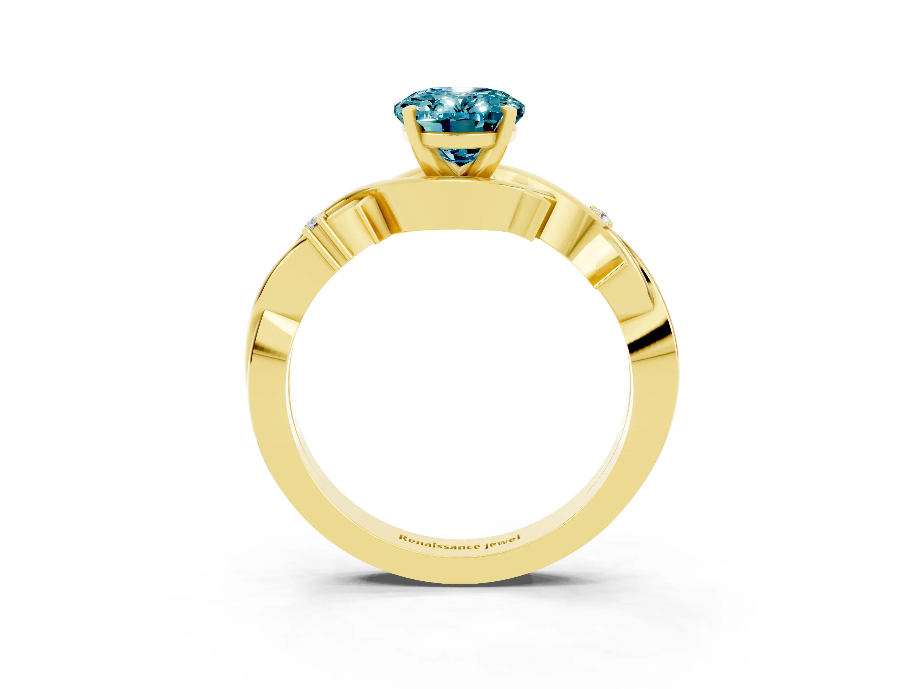 Yellow gold Oval Cut Blue Topaz Solitaire Ring with Twisted Band and Prong Setting_3