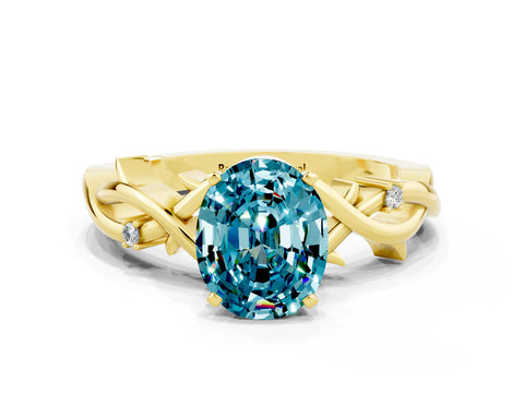 Yellow gold Oval Cut Blue Topaz Solitaire Ring with Twisted Band and Prong Setting