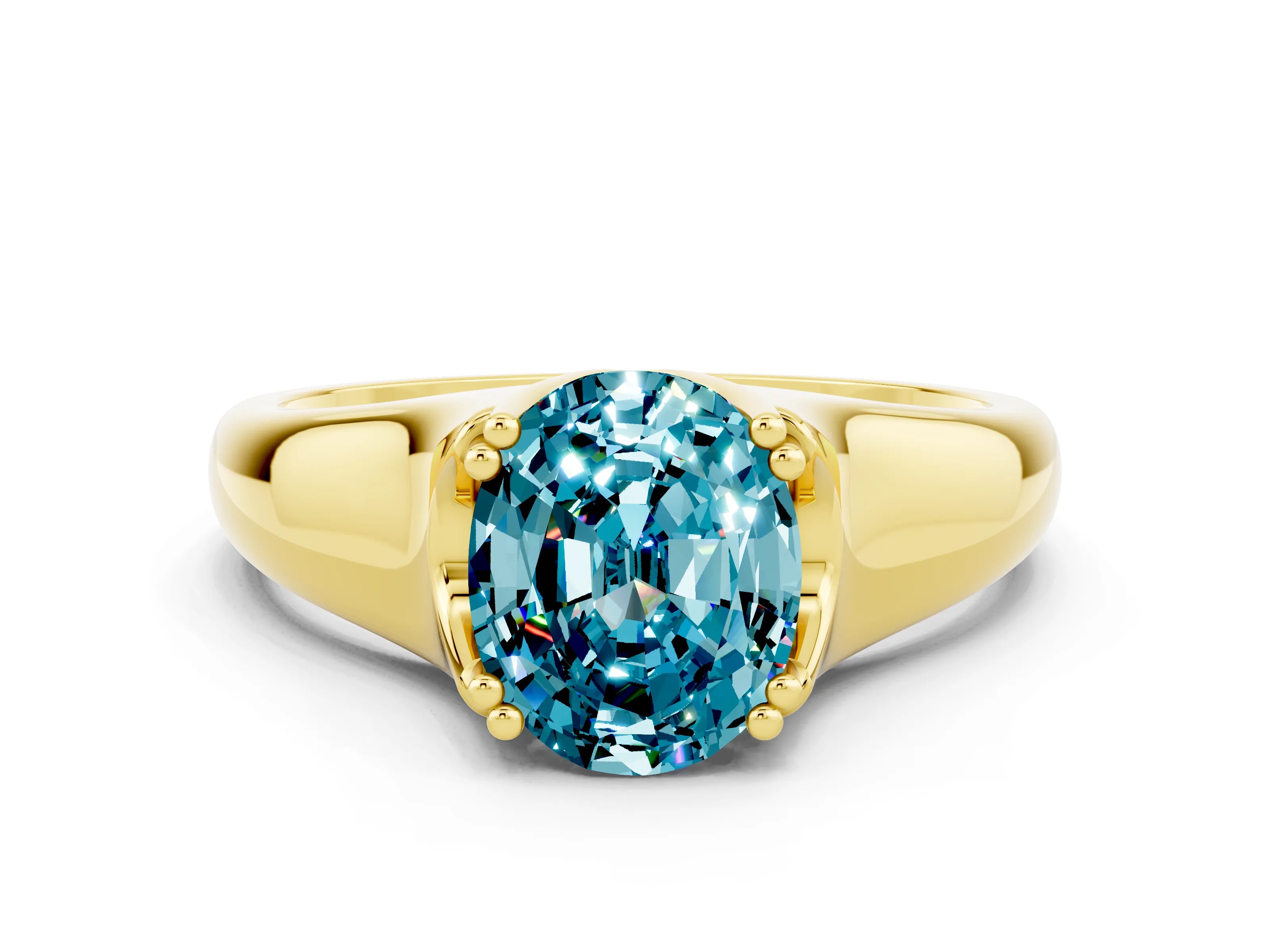 Yellow gold Oval Cut Blue Topaz Solitaire Ring with Wide Band and Prong Setting