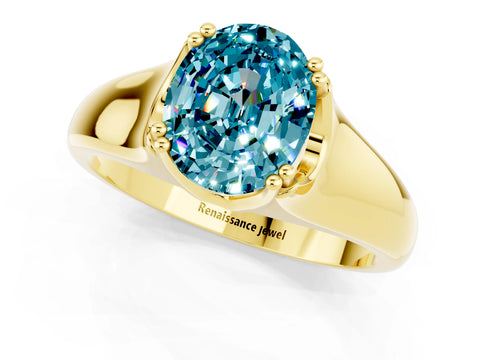 Yellow gold Oval Cut Blue Topaz Solitaire Ring with Wide Band and Prong Setting_1