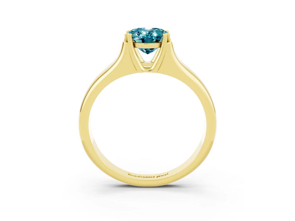 Yellow gold Oval Cut Blue Topaz Solitaire Ring with Wide Band and Prong Setting