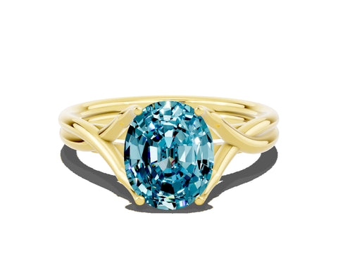 Yellow gold Oval Cut Blue Topaz Solitaire Twist Band Prong Setting Ring_60