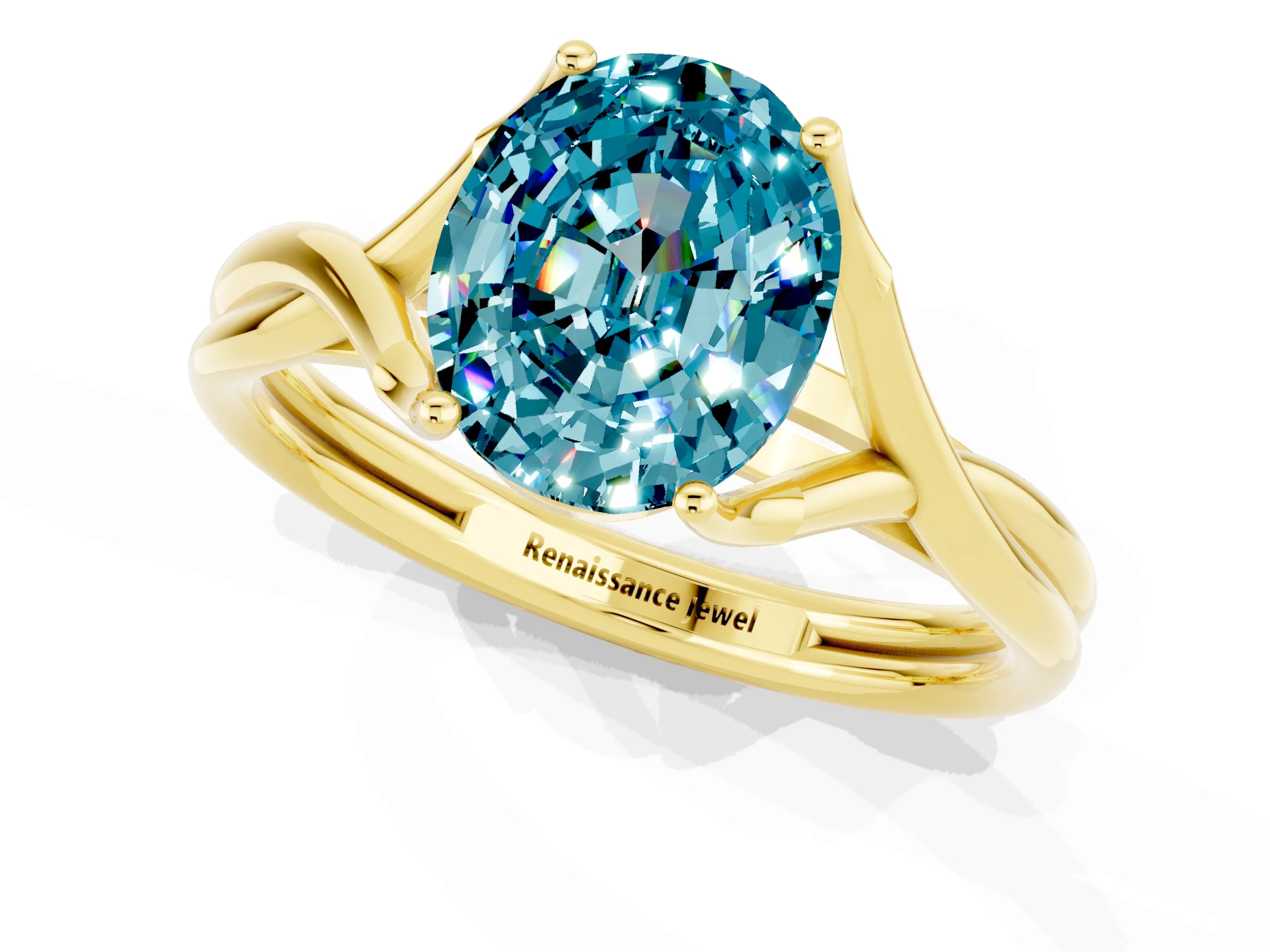 Yellow gold Oval Cut Blue Topaz Solitaire Twist Band Prong Setting Ring_61