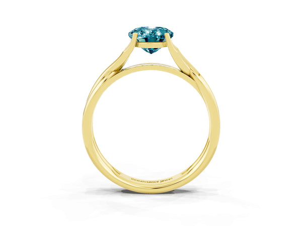 Yellow gold Oval Cut Blue Topaz Solitaire Twist Band Prong Setting Ring