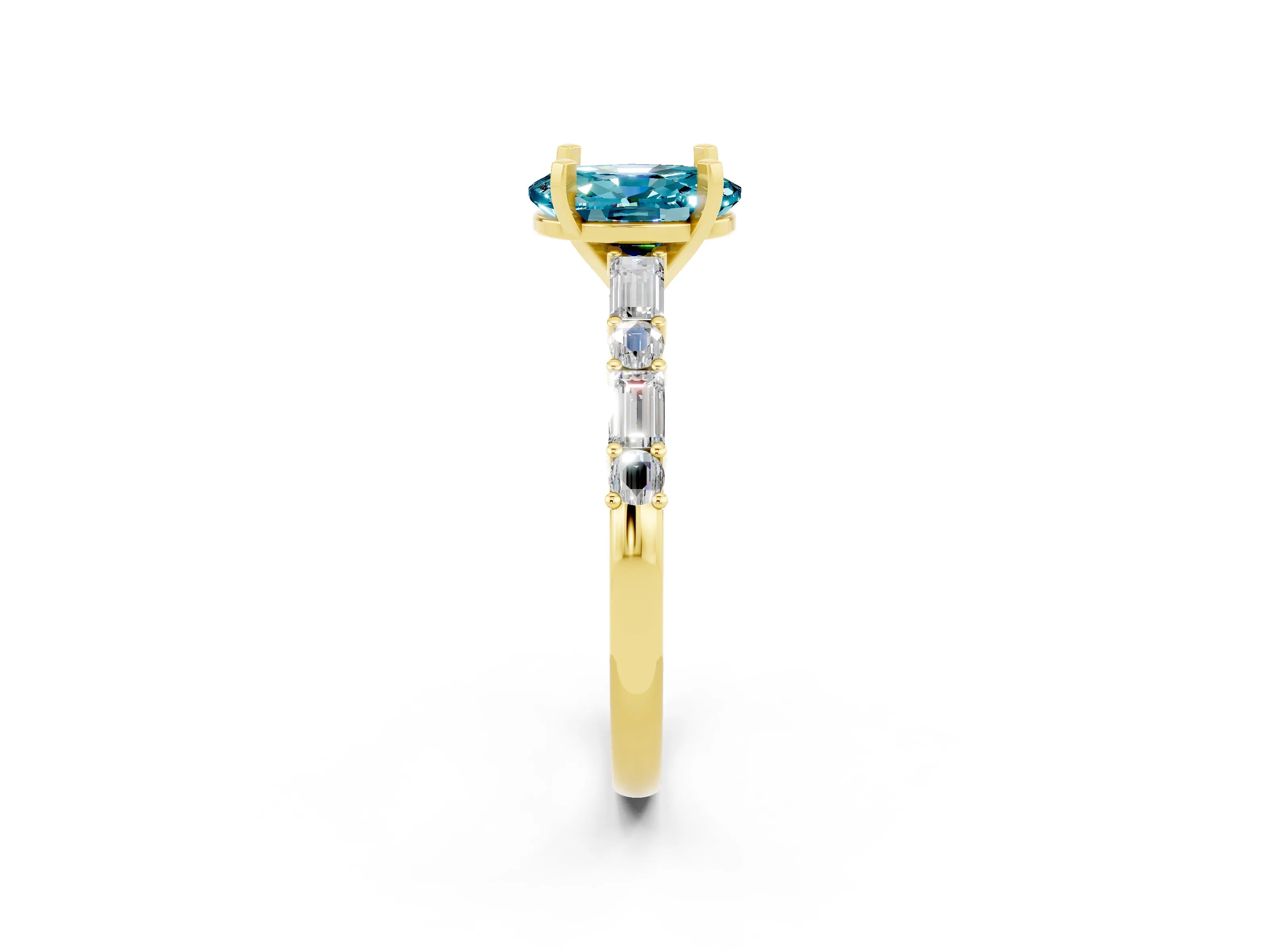 Yellow gold Oval Cut Blue Topaz Solitaire with Side Baguettes and Channel Set Band_2