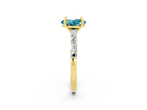 Yellow gold Oval Cut Blue Topaz Solitaire with Side Baguettes and Channel Set Band_2