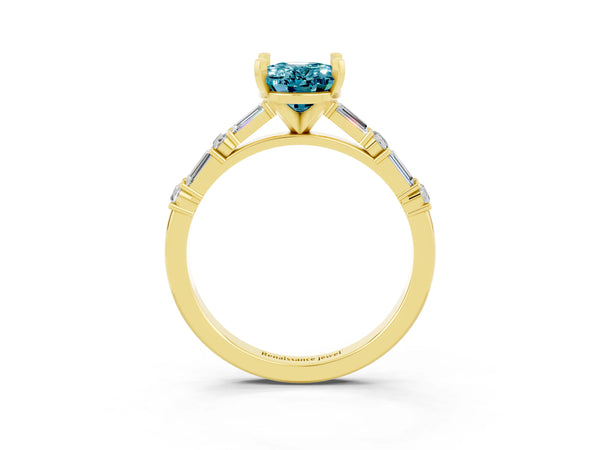 Yellow gold Oval Cut Blue Topaz Solitaire with Side Baguettes and Channel Set Band