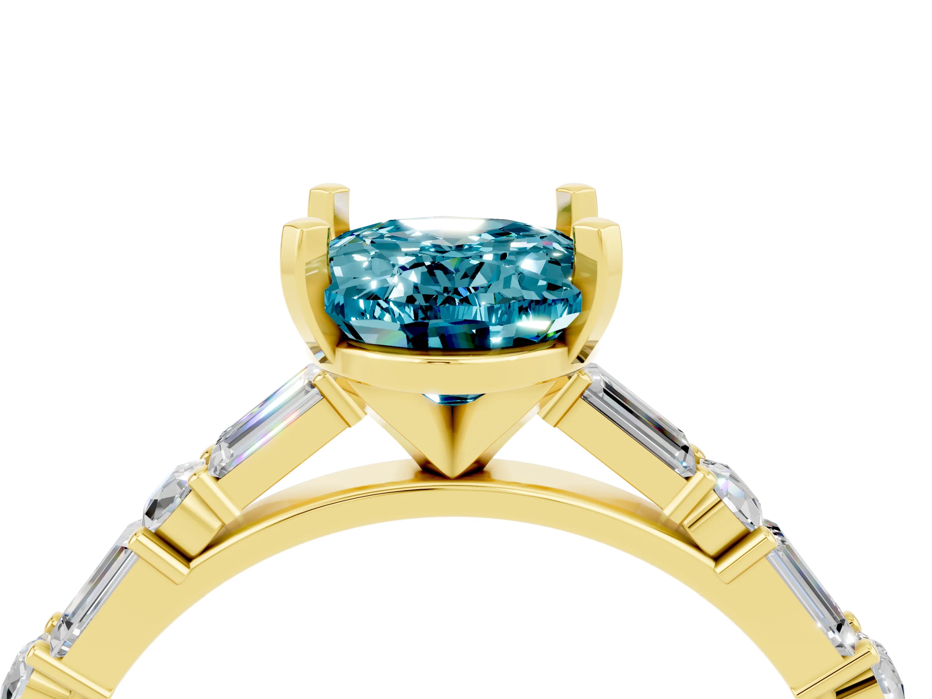 Yellow gold Oval Cut Blue Topaz Solitaire with Side Baguettes and Channel Set Band_4