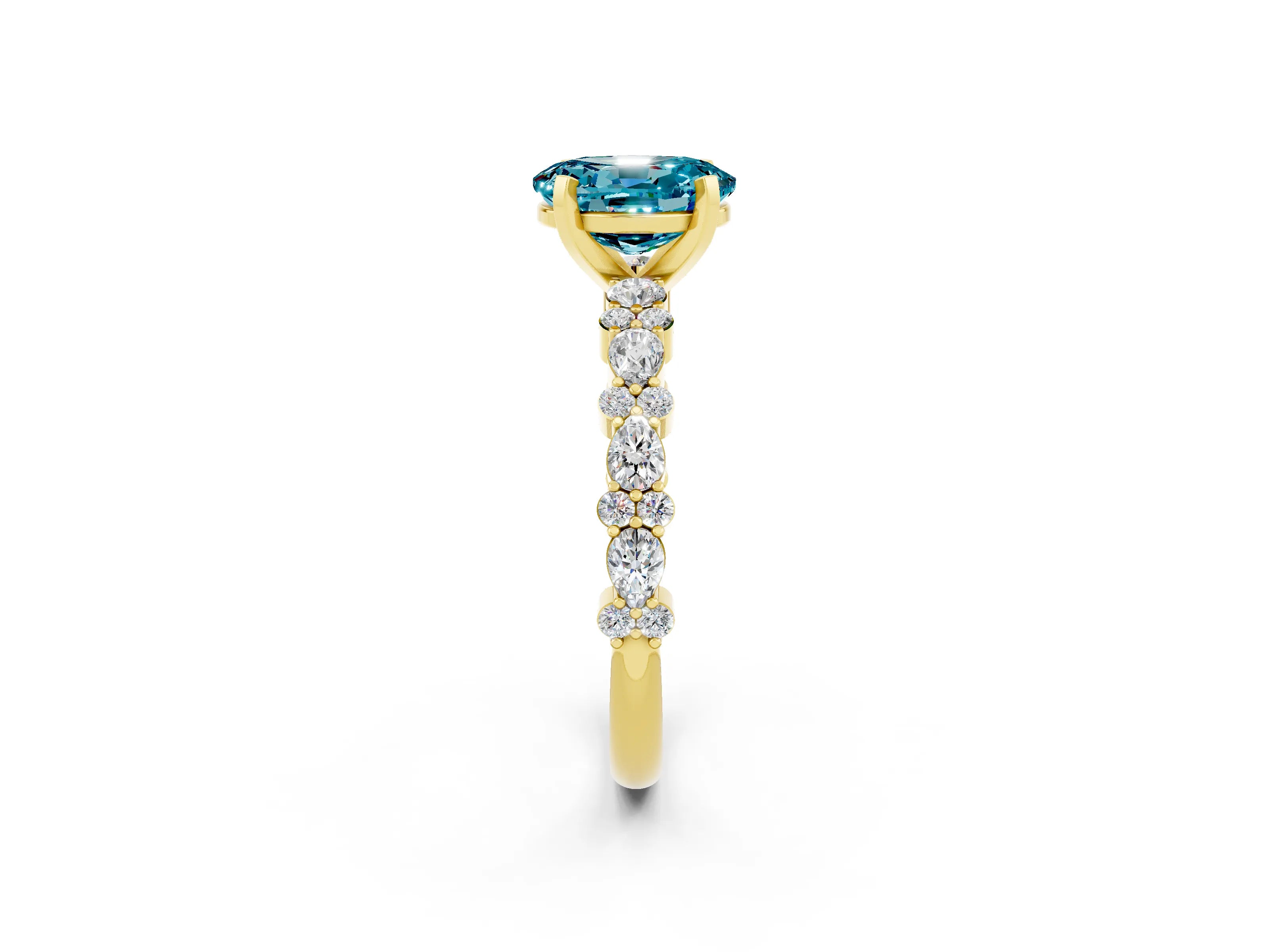 Yellow gold Oval Cut Blue Topaz Solitaire with Side Stones, Pave Band, Four-Prong Setting_26