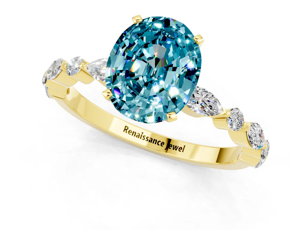 Yellow gold Oval Cut Blue Topaz Ring with Marquise and Round  Side Stones and Four-Prong Setting