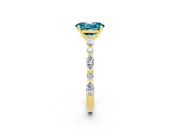 Yellow gold Oval Cut Blue Topaz Ring with Marquise and Round  Side Stones and Four-Prong Setting
