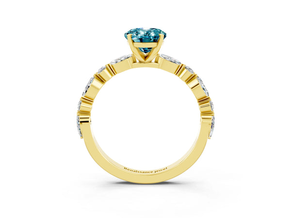 Yellow gold Oval Cut Blue Topaz Ring with Marquise and Round  Side Stones and Four-Prong Setting