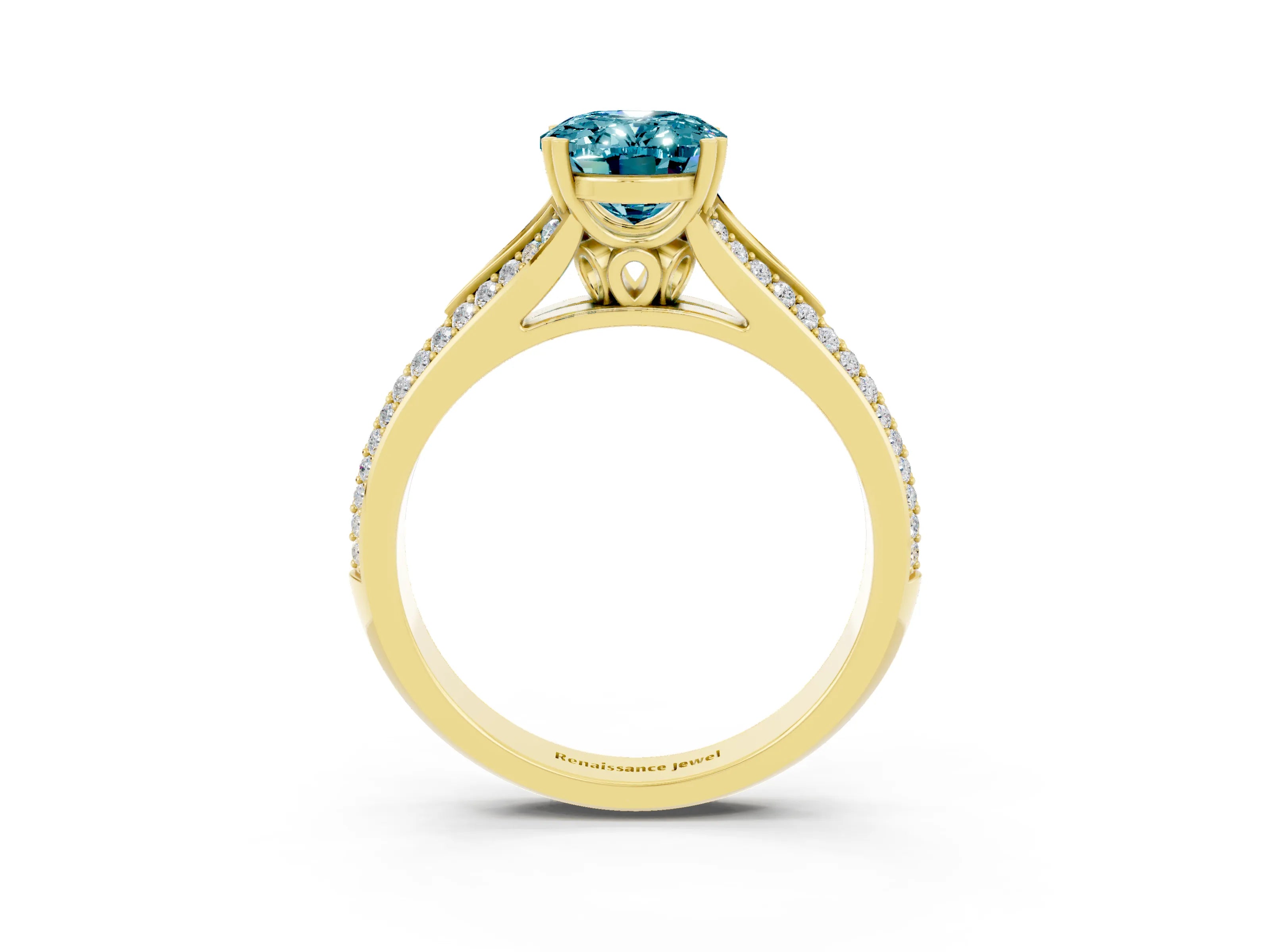 Yellow gold Oval Cut Blue Topaz Split Shank Engagement Ring with Pavé Band_3