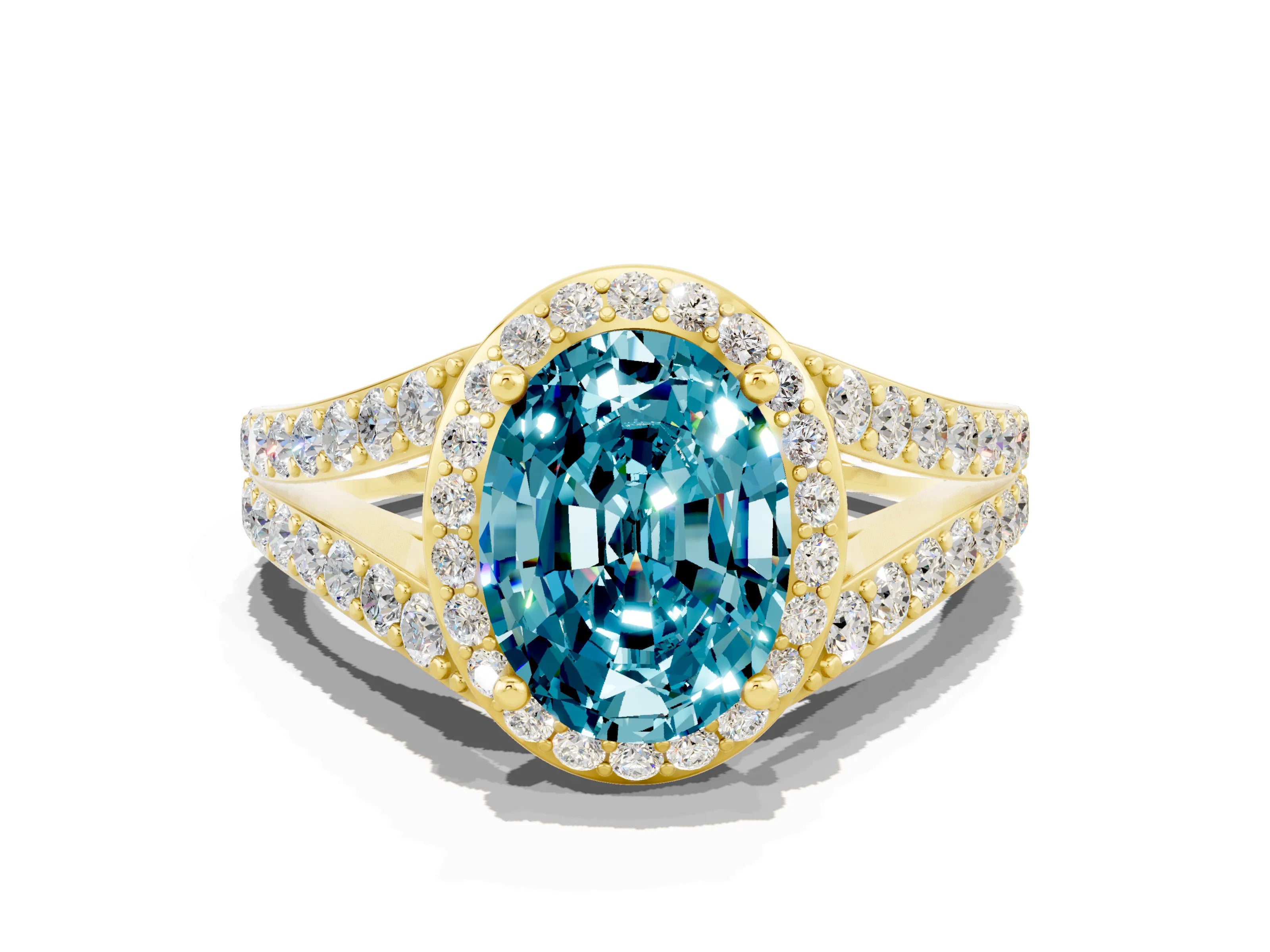 Yellow gold Oval Cut Blue Topaz Split Shank Halo Ring with Four-Prong Setting_12