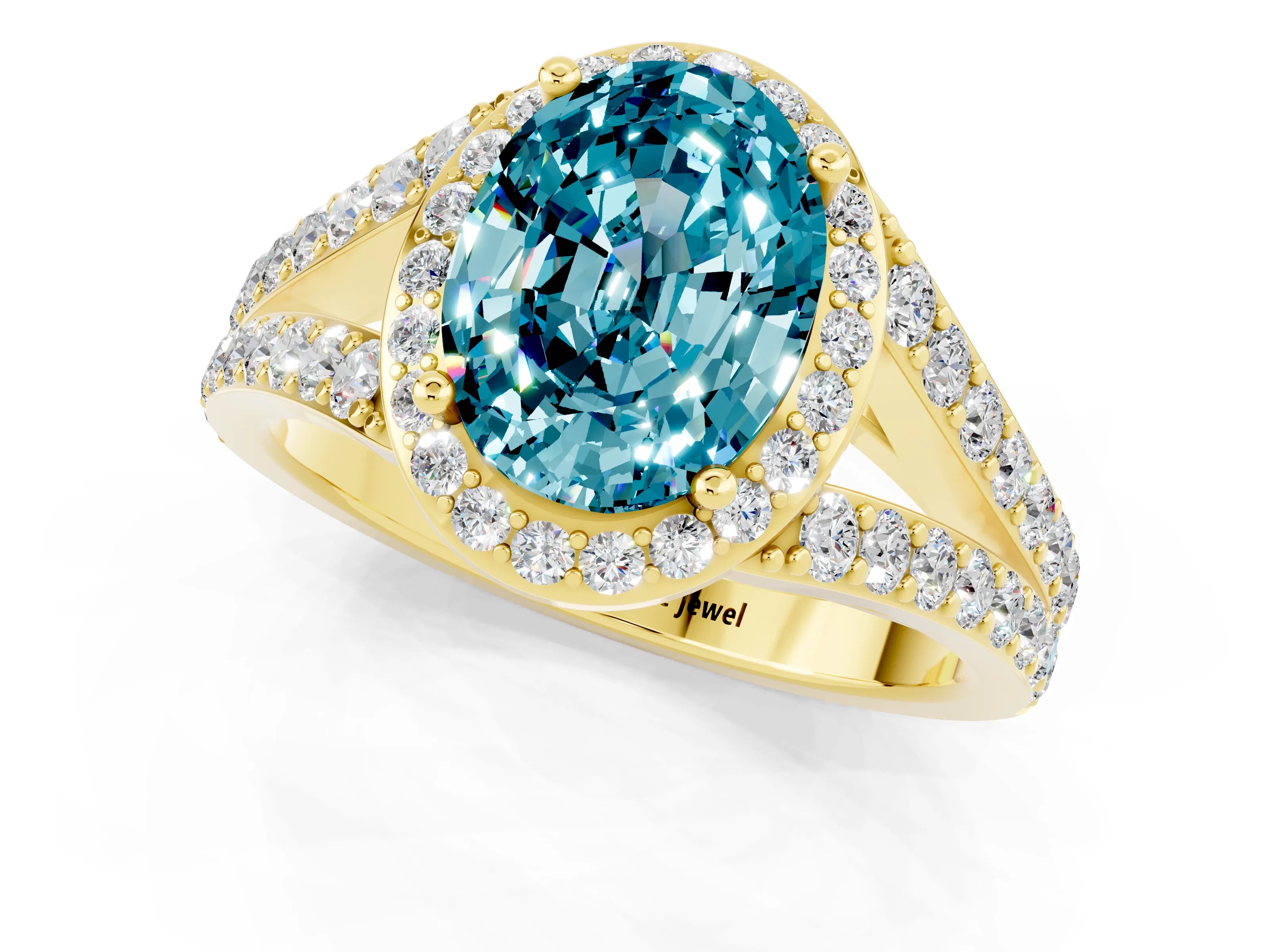 Yellow gold Oval Cut Blue Topaz Split Shank Halo Ring with Four-Prong Setting_13