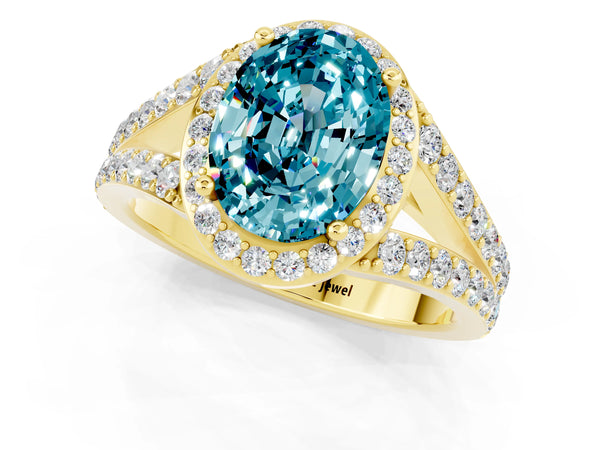Yellow gold Oval Cut Blue Topaz Split Shank Halo Ring with Four-Prong Setting