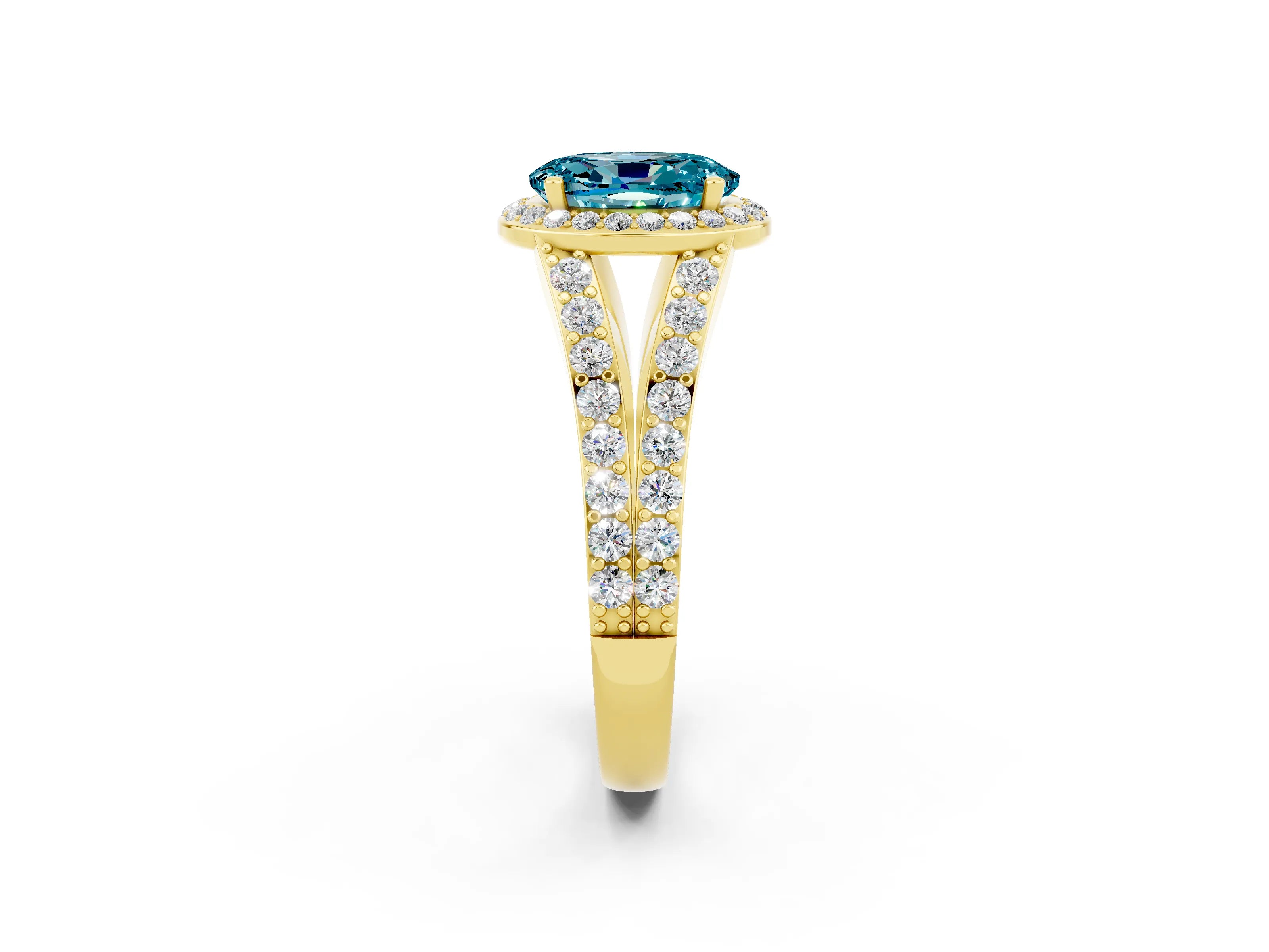 Yellow gold Oval Cut Blue Topaz Split Shank Halo Ring with Four-Prong Setting_14