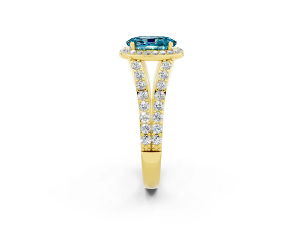 Yellow gold Oval Cut Blue Topaz Split Shank Halo Ring with Four-Prong Setting