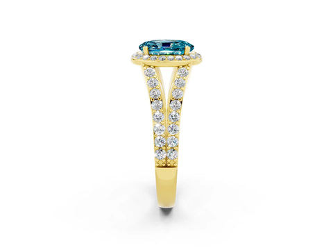 Yellow gold Oval Cut Blue Topaz Split Shank Halo Ring with Four-Prong Setting_14