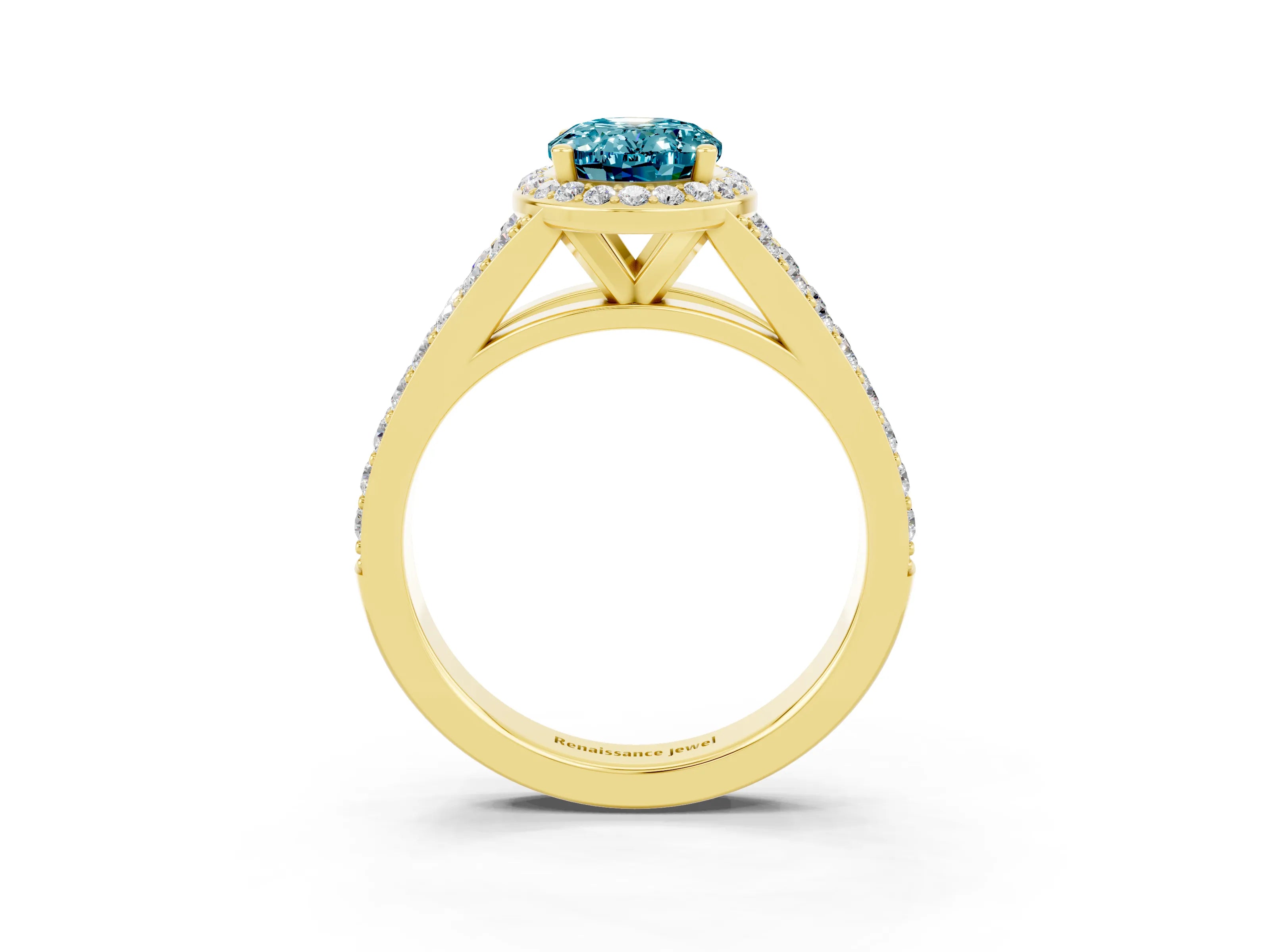 Yellow gold Oval Cut Blue Topaz Split Shank Halo Ring with Four-Prong Setting_15