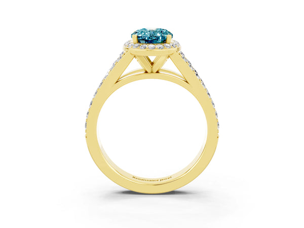 Yellow gold Oval Cut Blue Topaz Split Shank Halo Ring with Four-Prong Setting