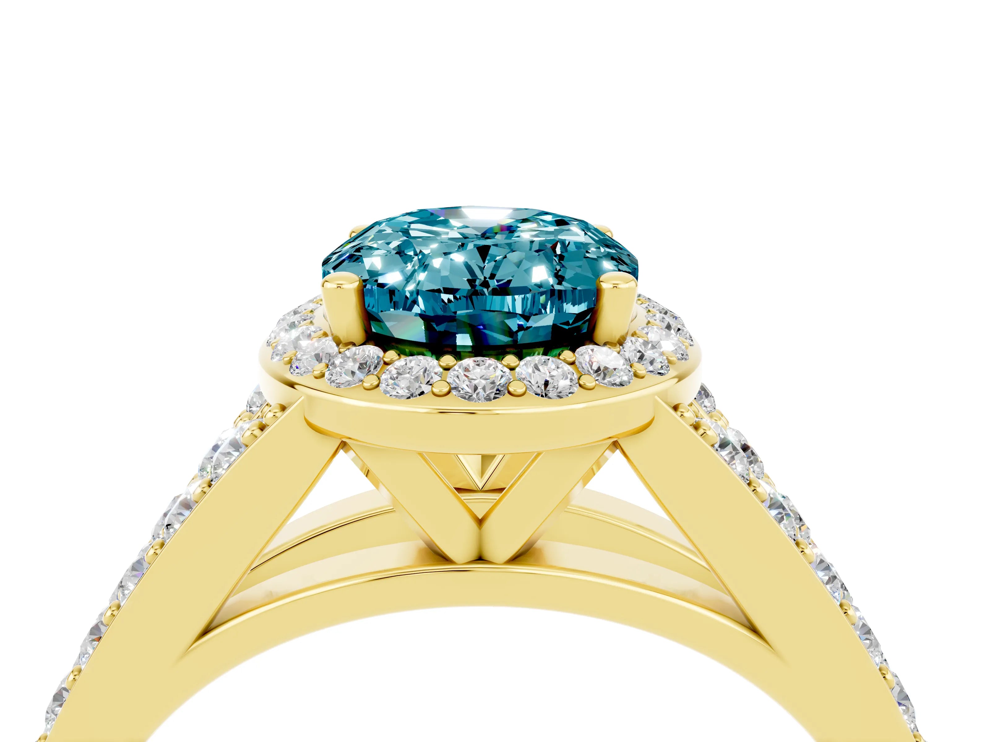 Yellow gold Oval Cut Blue Topaz Split Shank Halo Ring with Four-Prong Setting_16