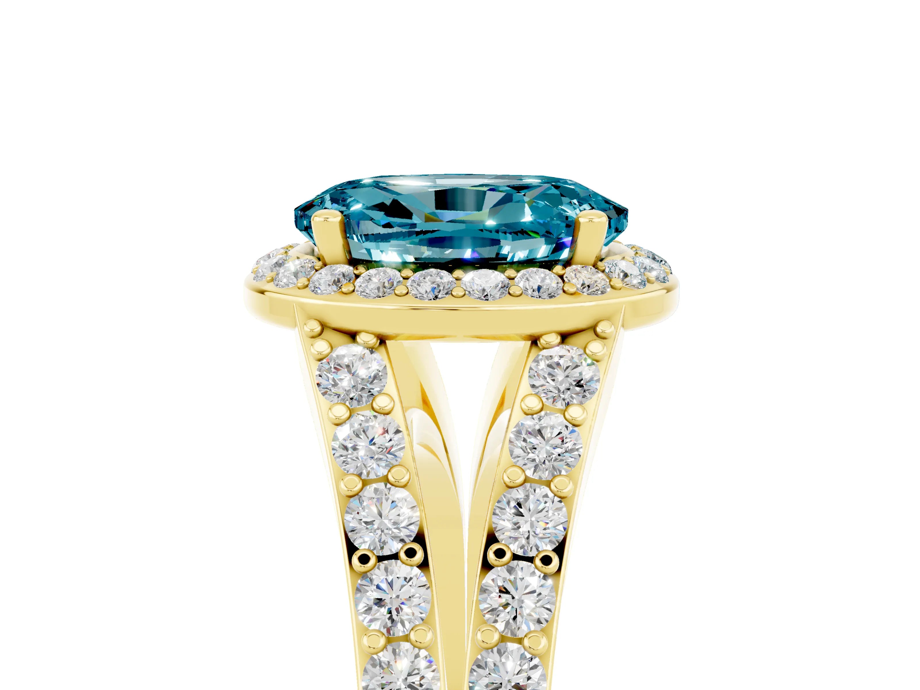 Yellow gold Oval Cut Blue Topaz Split Shank Halo Ring with Four-Prong Setting_17