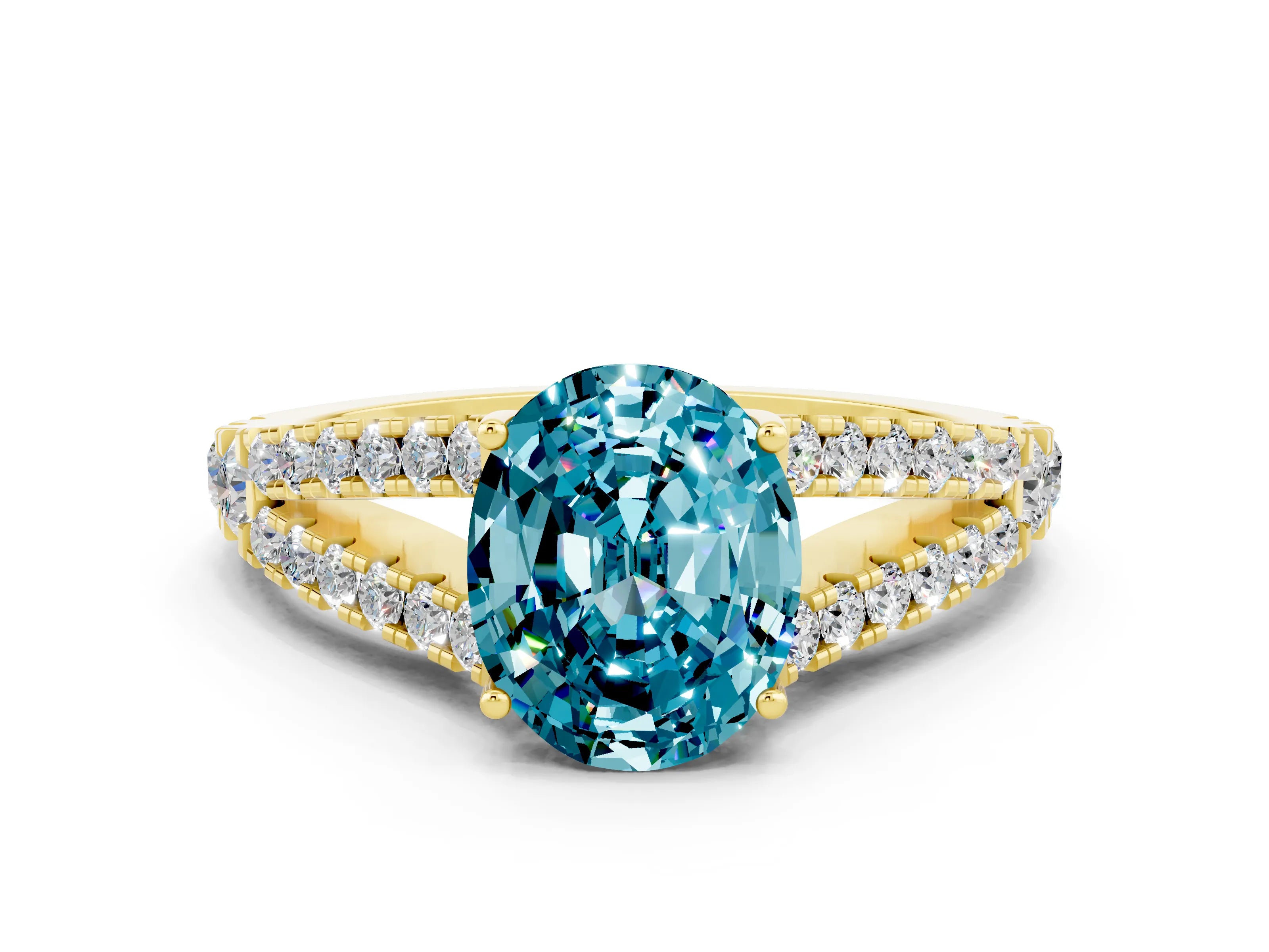 Yellow gold Oval Cut Blue Topaz Split Shank Pavé Engagement Ring with Four-Prong Setting_24