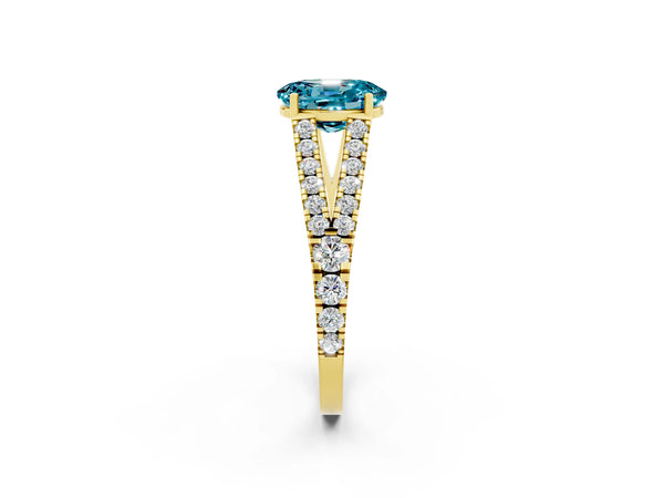 Yellow gold Oval Cut Blue Topaz Split Shank Pavé Engagement Ring with Four-Prong Setting