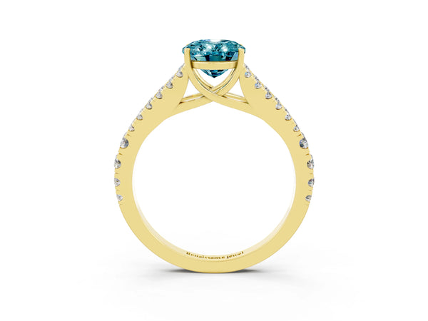 Yellow gold Oval Cut Blue Topaz Split Shank Pavé Engagement Ring with Four-Prong Setting