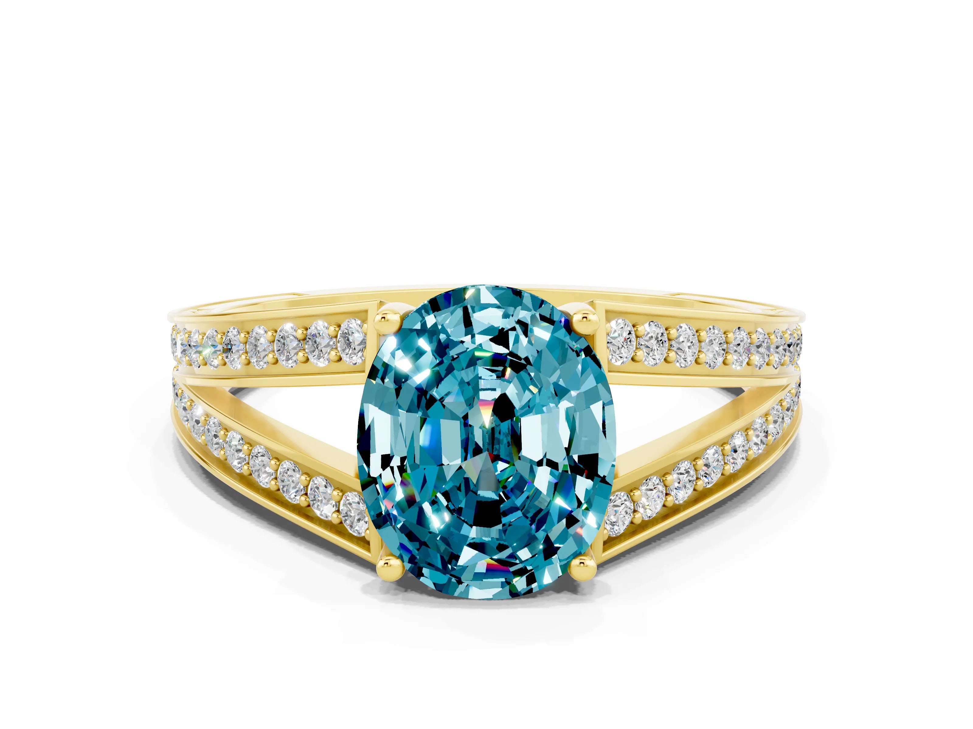 Yellow gold Oval Cut Blue Topaz Split Shank Ring with Pavé Band and Four-Prong Setting
